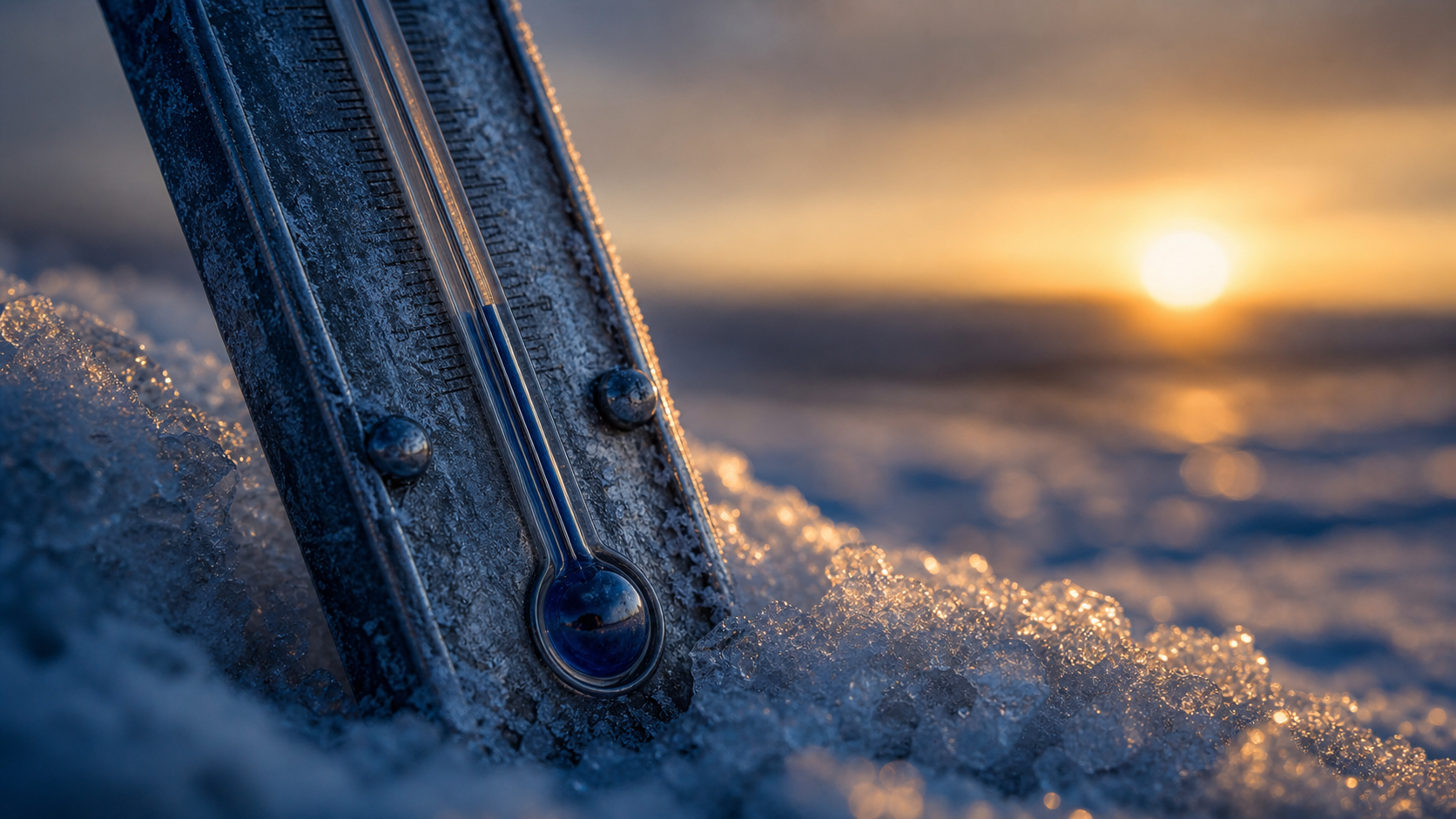 A thermometer planted in snow, with a bright sun visible just above the horizon.