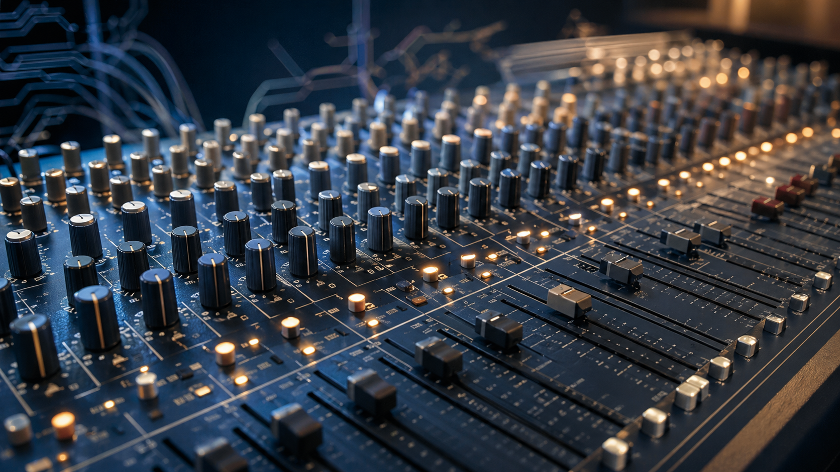 Close-up of an audio mixing console with rows of knobs and faders.
