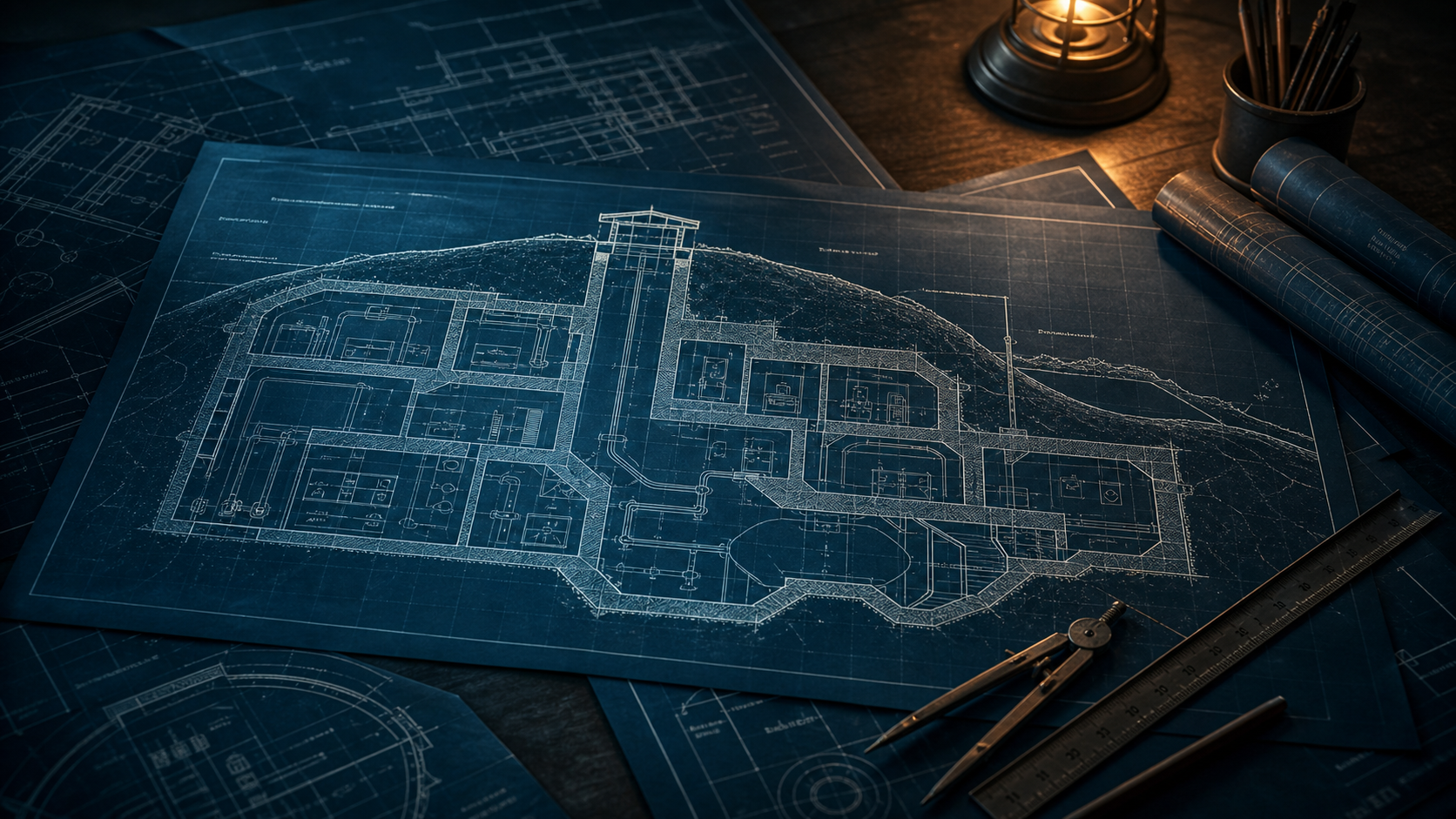 Blueprints for an underground bunker spread across a dark drafting table.