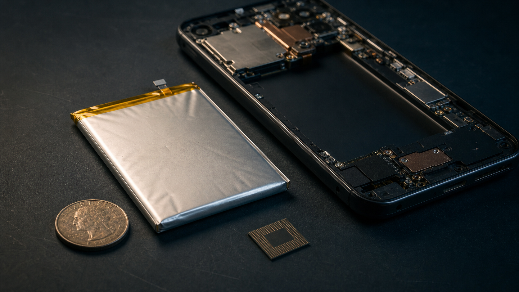 A close-up of a smartphone battery, thin and foil-wrapped, next to a coin for scale.