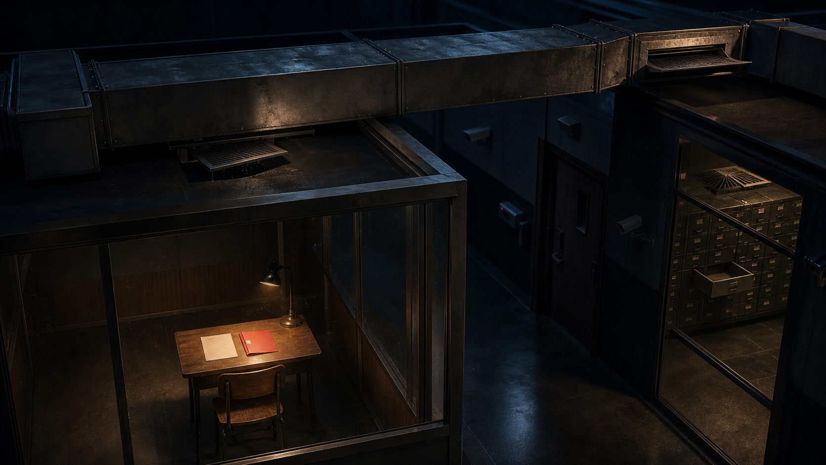 A sealed examination room and a locked records archive sit beneath the same ventilation duct; a red answer folder rests on the test desk while an archive drawer stands open.